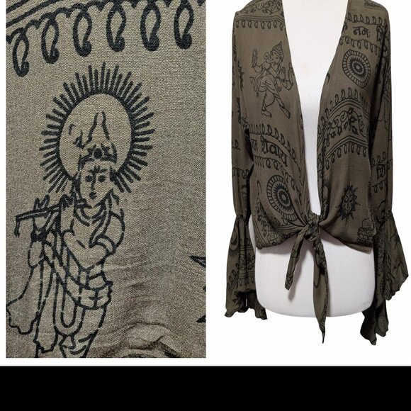 Rhea Womens Size L/XL Olive Green Hindu Ganesh Tie Front Flare Cuff Crop Top - Picture 1 of 11